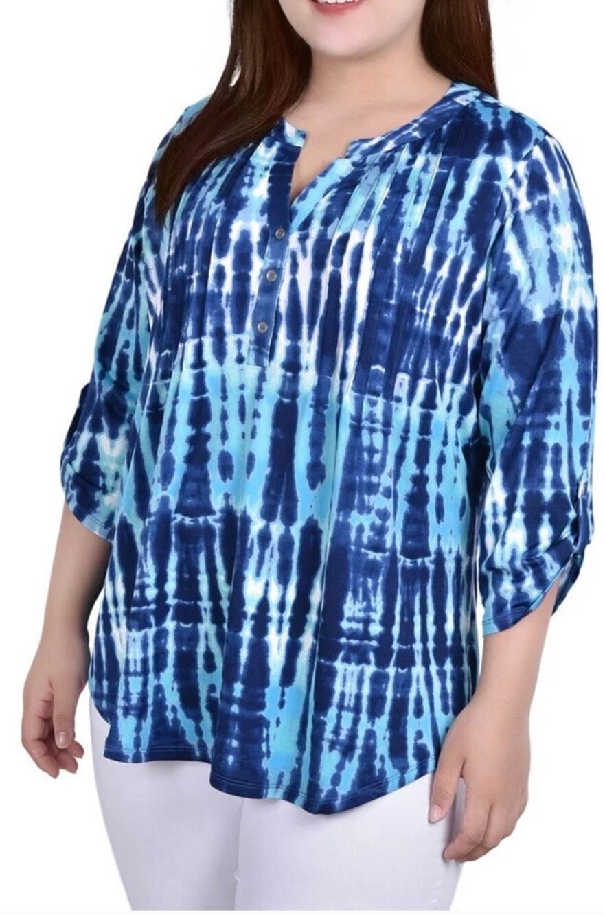 NY Collection 3/4 Sleeve Tie Dye Turquoise and Blue Blouse PM M NWT